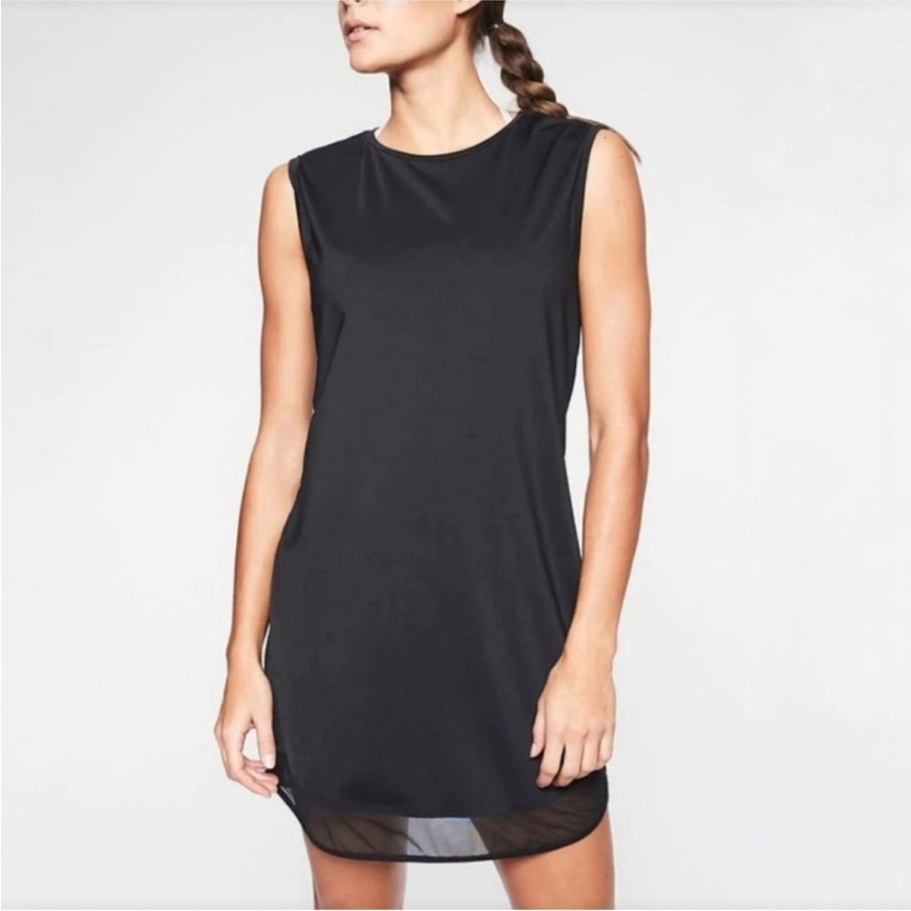 Athleta Womens Sunlover UPF Black Nylon Sport Shift Dress Small Petite Sheer Hem
